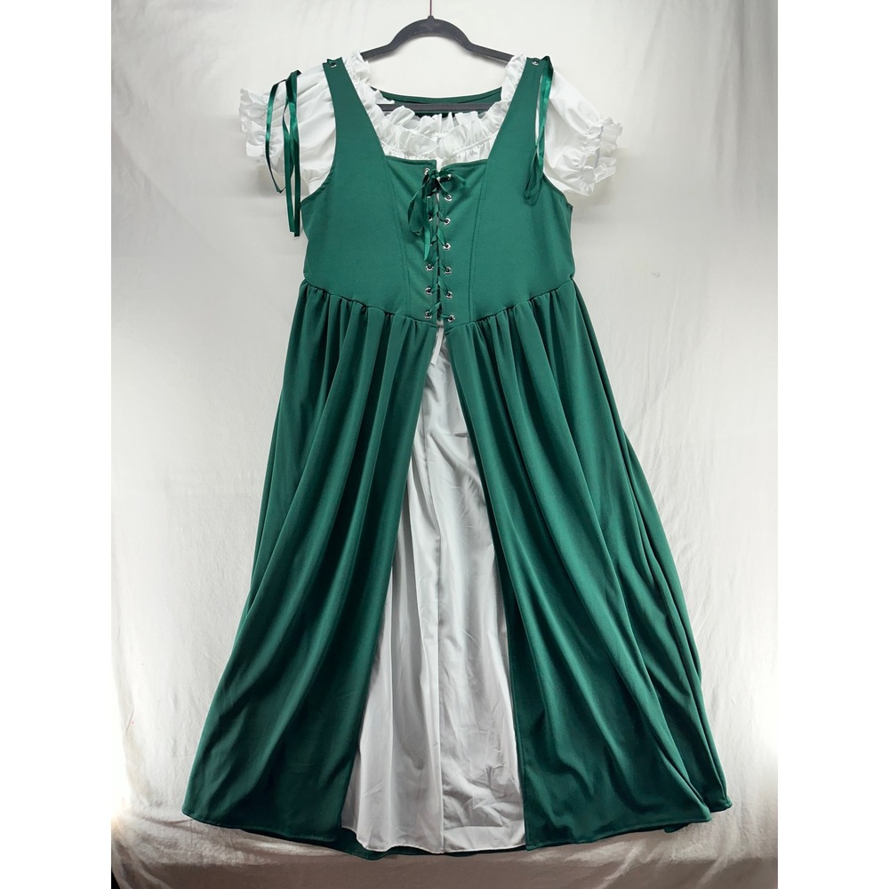 Green Renaissance Medieval Lace Up Corset Midi Dress White Ruffle Trim Cosplay